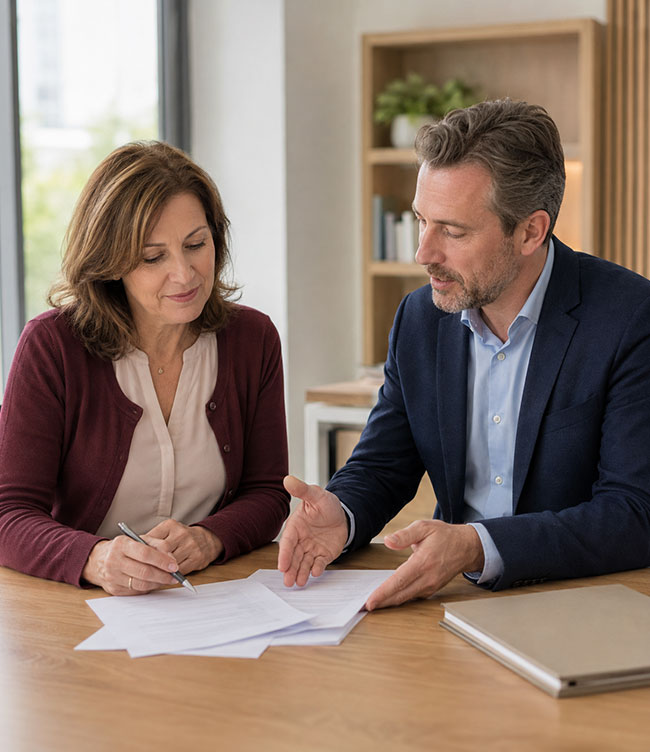 Berater erklärt einer Teilnehmerin die Beantragung eines AVGS Coaching