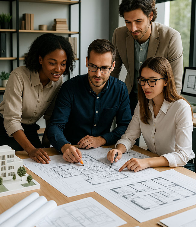 Architekt und Bauherr besprechen Förderunterlagen mit Plänen und Laptop – Beratung zu staatlichen Förderprogrammen für nachhaltiges Bauen