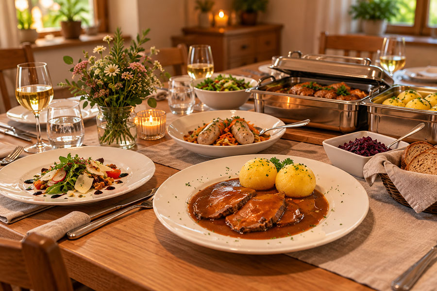 Gedeckter Tisch mit Speisen als Motiv für das Main Haus Überraschungs-Catering