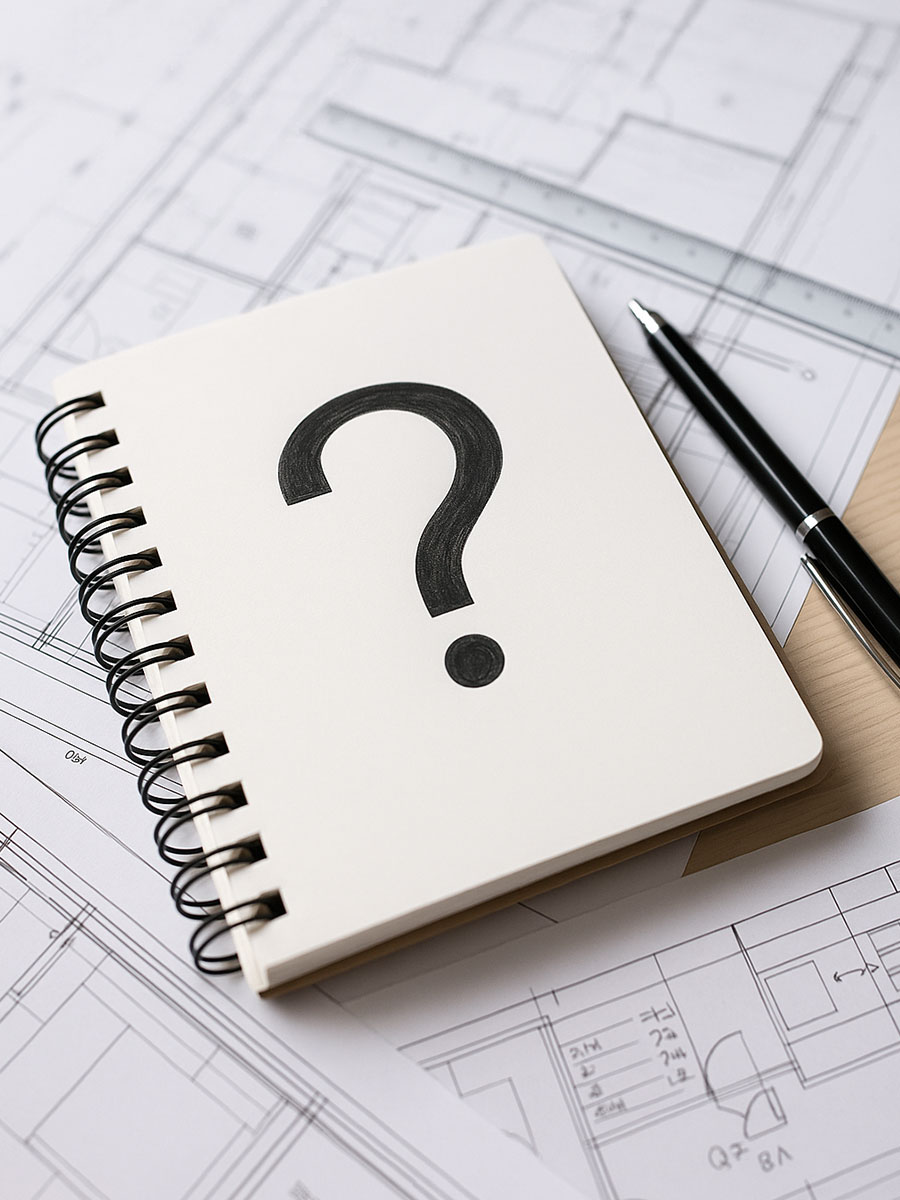 Aufgeschlagenes Notizbuch mit Fragezeichen, Stift und Architekturplänen – Symbolbild für häufige Fragen zur Bauplanung