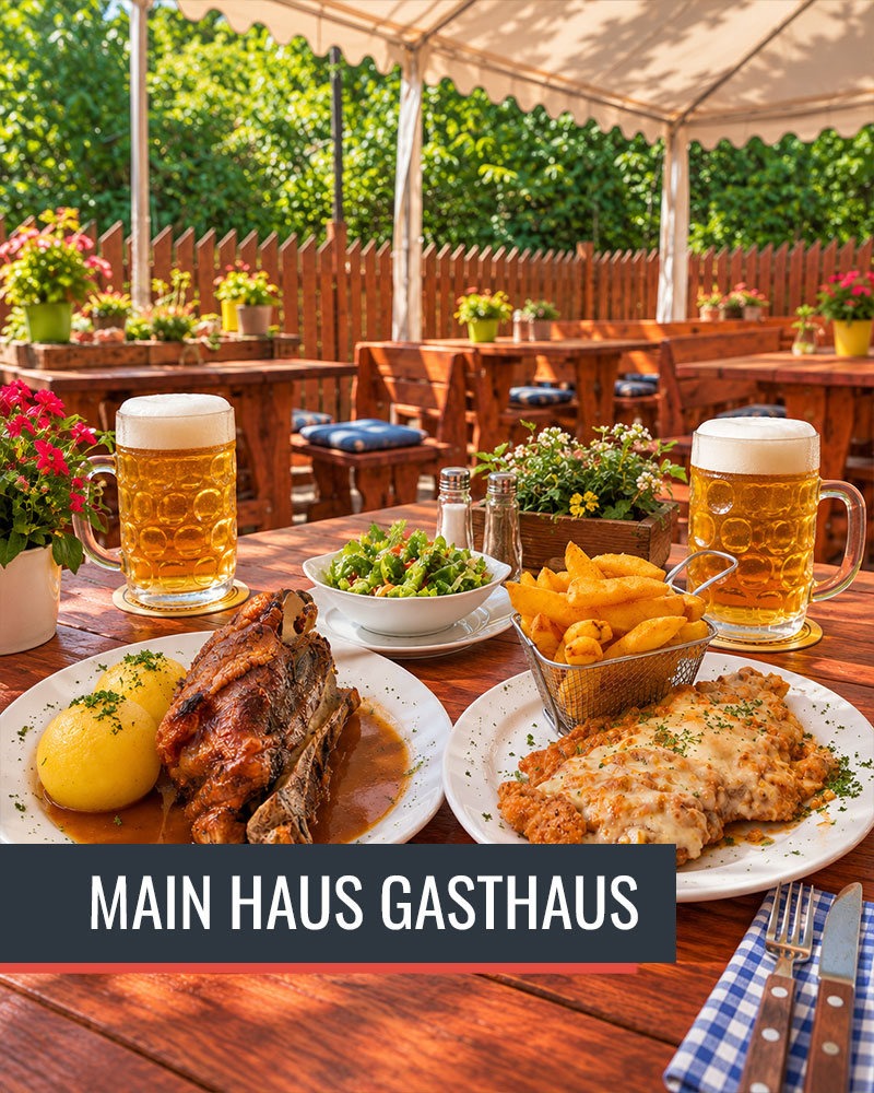 Schäufele, Schnitzel, Beilagen und Bier auf der Terrasse des Main Hauses in Würzburg