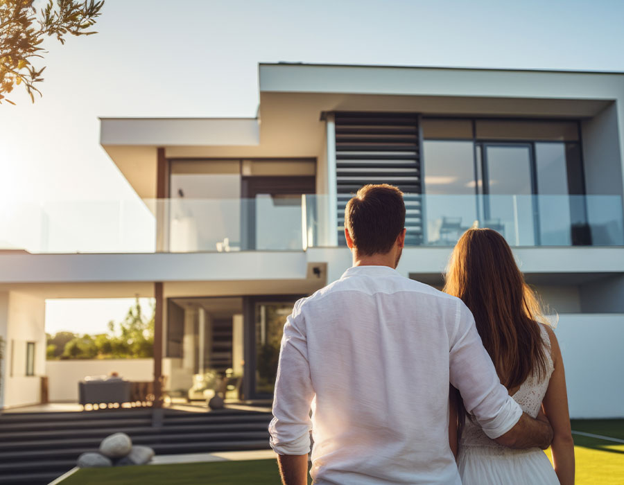 Paar vor einem modernen Einfamilienhaus bei der Immobilienberatung von FrankenPLUS in Mainfranken
