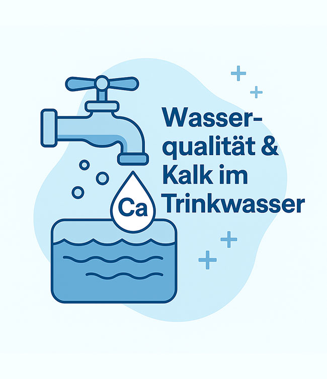 Infografik mit Wasserhahn und Tropfen – Wasserqualität und Kalkgehalt im Trinkwasser