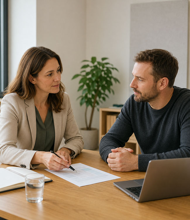 Persönliches AVGS Coaching zwischen einer Beraterin und einem Teilnehmer