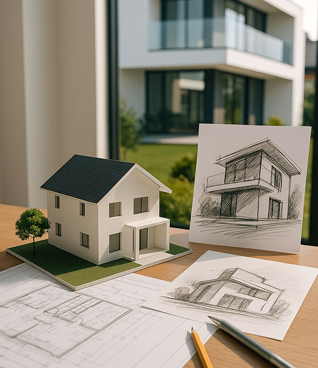 Architekturmodell, Baupläne und fertiges Gebäude – symbolische Darstellung des Bauprozesses von der Idee bis zur Umsetzung