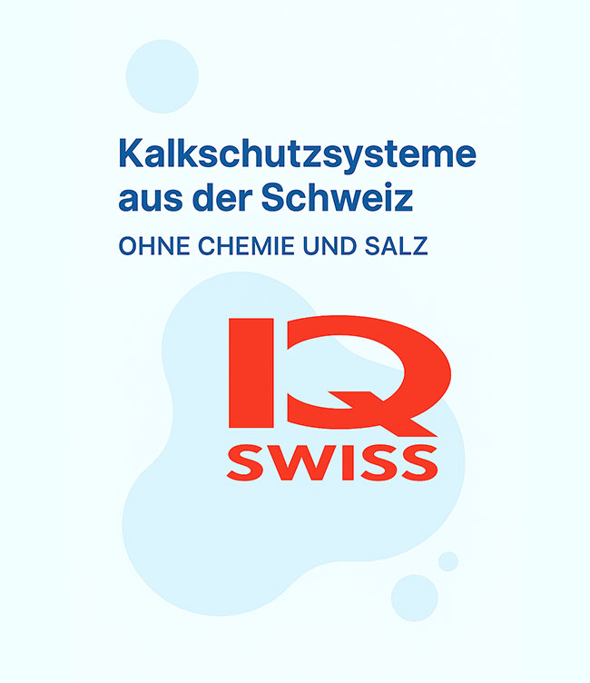 IQ Swiss Logo mit Claim „Kalkschutzsysteme aus der Schweiz – ohne Chemie und Salz“
