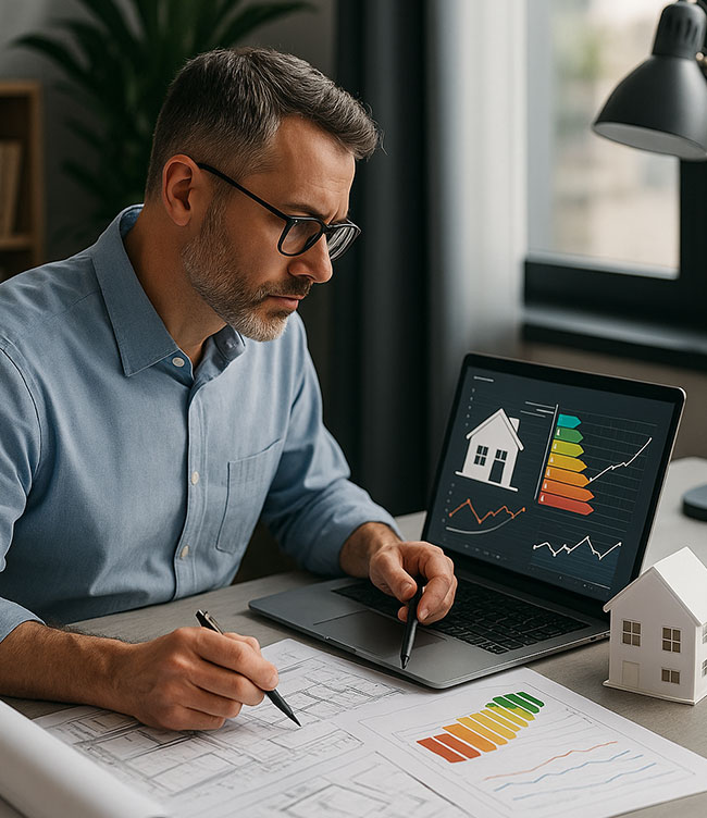 Architekt analysiert Energiepläne und Gebäudedaten am Laptop – Energieberatung und Effizienzplanung für nachhaltiges Bauen